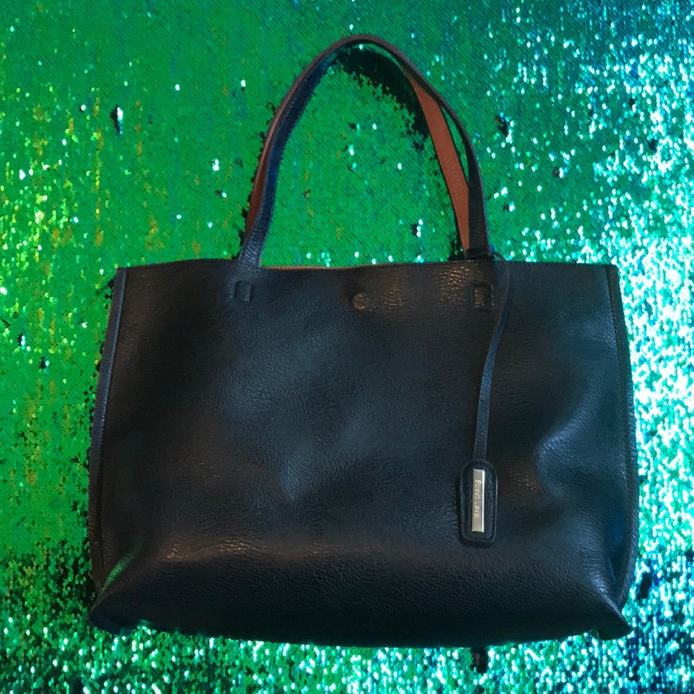 Reversible faux leather tote with zip pouch